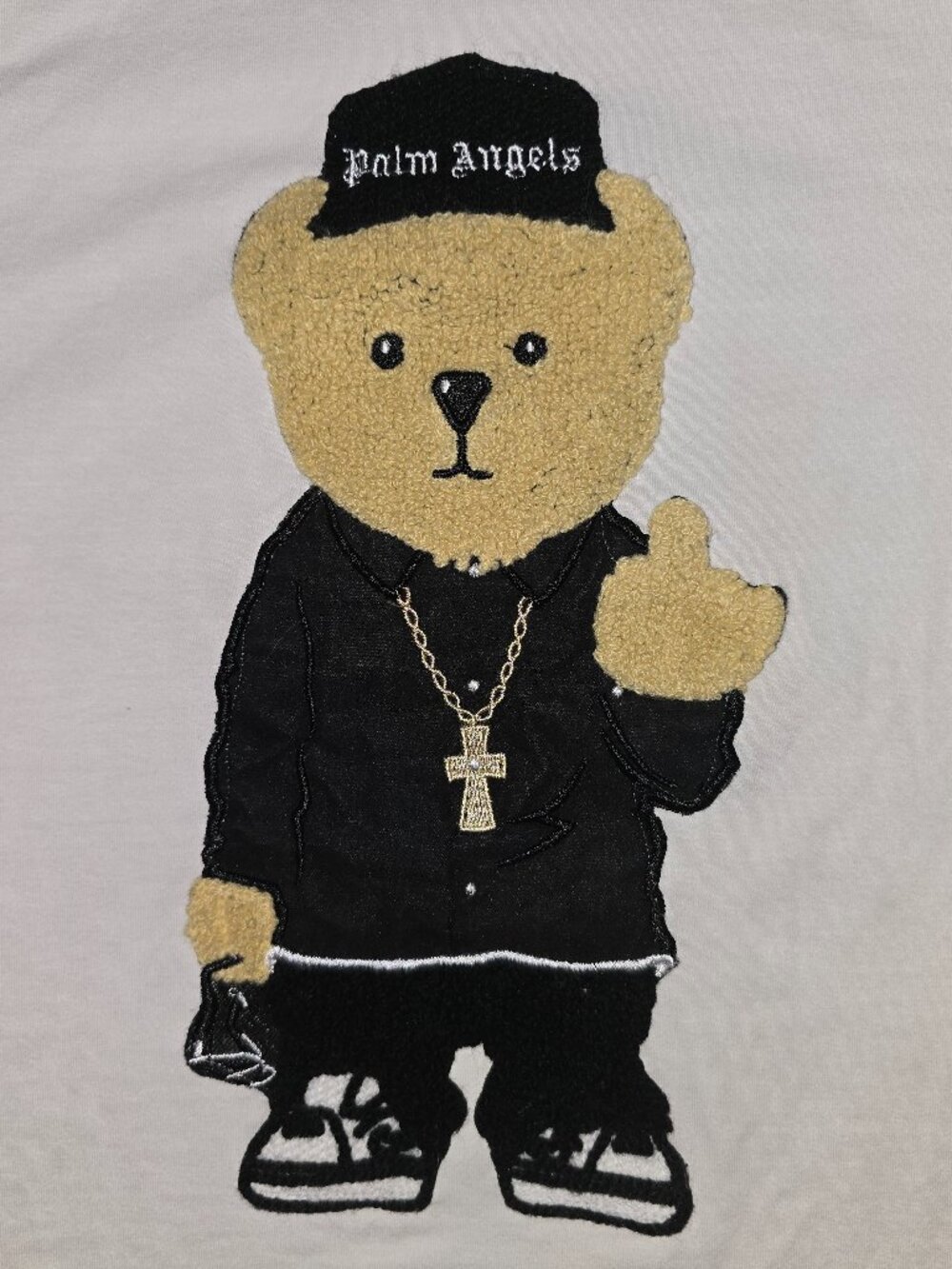 Palm Angels T-Shirt With Chenille Teddy Bear Patch Rasing His Middle Finger LG